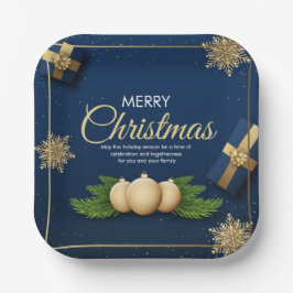 Plato De Papel Tarjeta de Navidades Golden Snowflakes, Feliz Navi