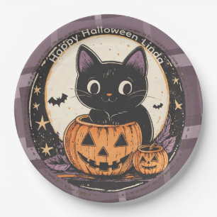 Plato De Papel Tarjeta de Otoño de Gato Bonito de Halloween