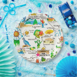 Plato De Papel Tarjeta postal de mapa ilustrado colorido de Arizo
