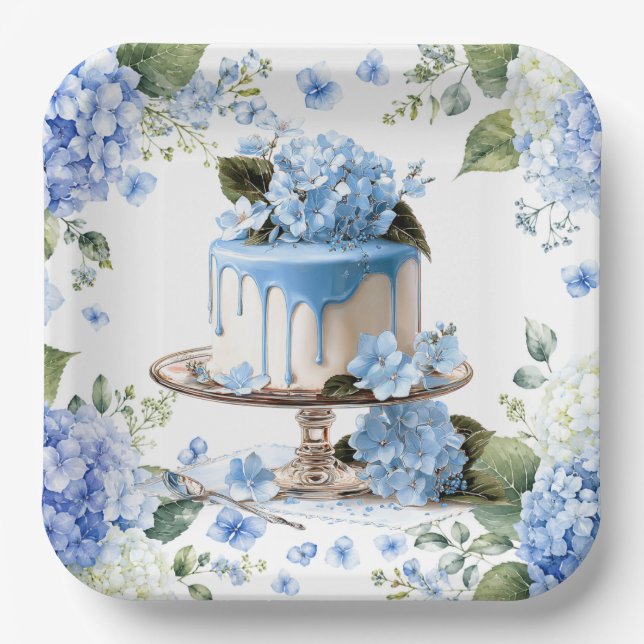 Plato De Papel Tarta con flores de Hortensia (Anverso)