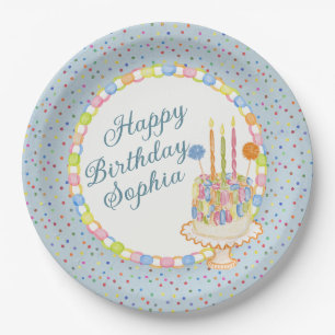 Plato De Papel Tarta de cumpleaños Azul Cue the Confetti