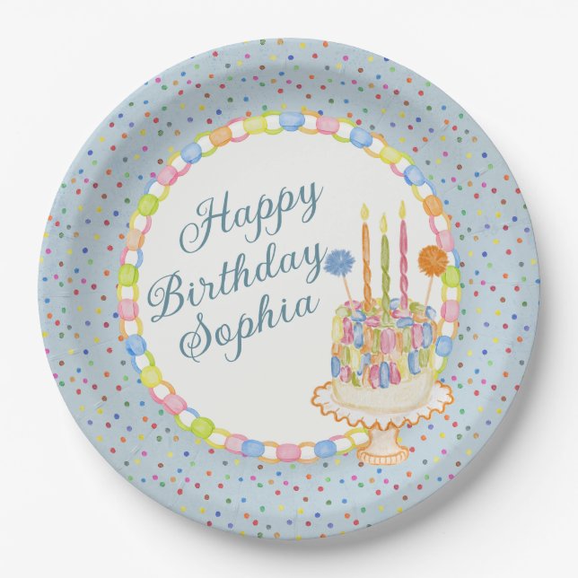 Plato De Papel Tarta de cumpleaños Azul Cue the Confetti (Anverso)