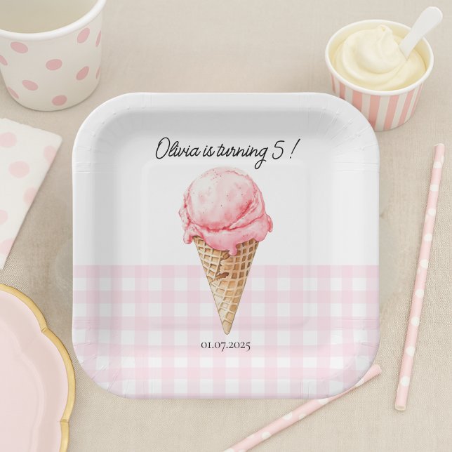 Plato De Papel Tarta de Cumpleaños con Cono de Helado Rosa (Subido por el creador)