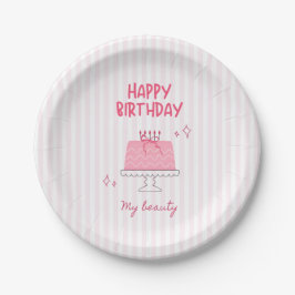 Plato De Papel Tarta de cumpleaños rosa linda "Feliz cumpleaños, 
