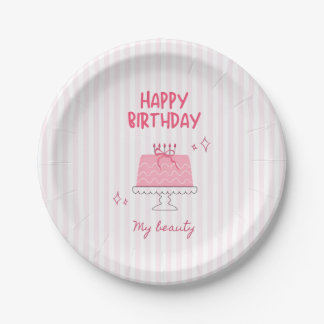 Plato De Papel Tarta de cumpleaños rosa linda "Feliz cumpleaños,