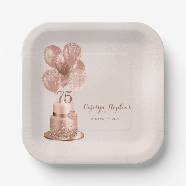 Plato De Papel Tarta de oro rosa Cumpleaños 75 (Anverso)