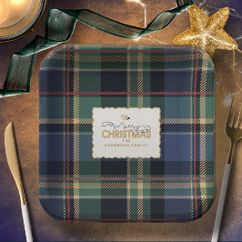 Plato De Papel Tartan de Navidad Azul Marino Verde ID1141B