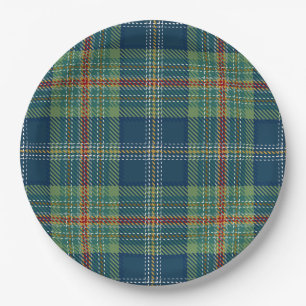 Plato De Papel Tartan escocés azul y verde a cuadros