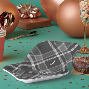 Plato De Papel Tartán grisáceo de carbón negro con monograma