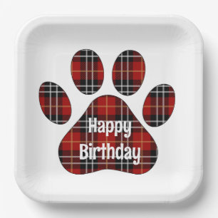 Plato De Papel Tartan Plaid Birthday Pawprints