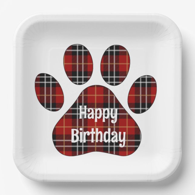 Plato De Papel Tartan Plaid Birthday Pawprints (Anverso)