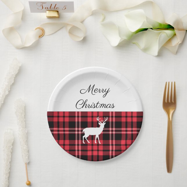 Plato De Papel Tartan Plaid Red Navidades White Deer (Boda)