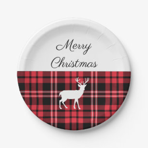 Plato De Papel Tartan Plaid Red Navidades White Deer