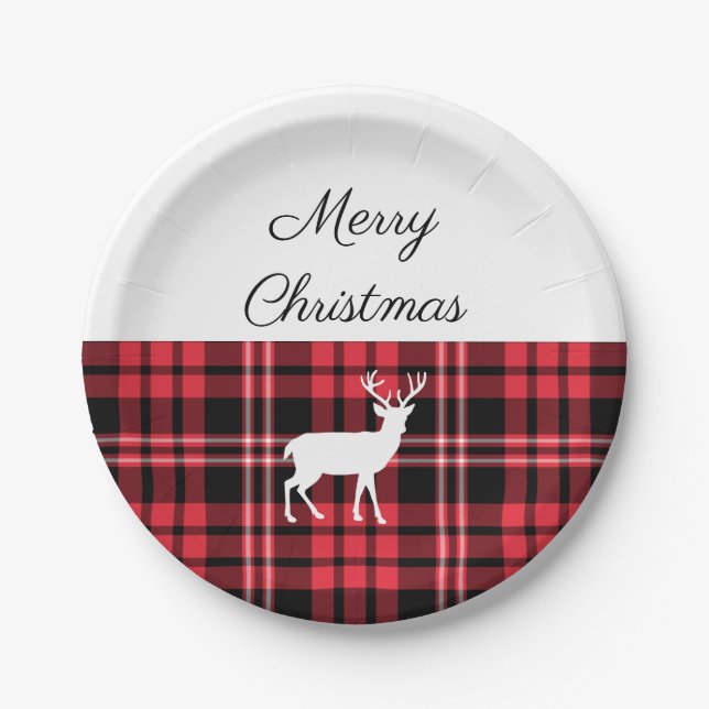 Plato De Papel Tartan Plaid Red Navidades White Deer (Anverso)