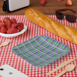 Plato De Papel Tartán Tartán De Tiras Verdes De Púrpura