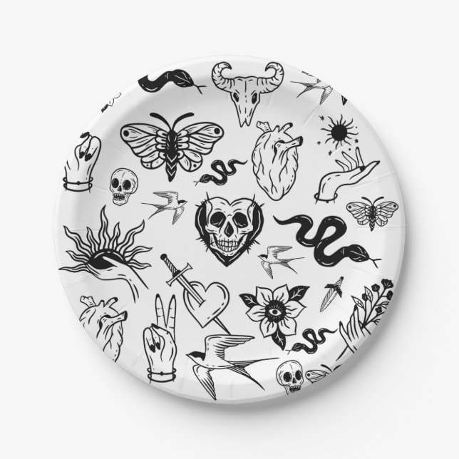 Plato De Papel tatuaje corazón humano serpiente polilla daga blan (Anverso)
