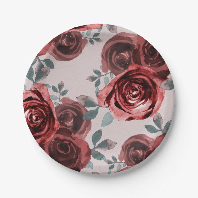 Plato De Papel Taupe Burgundy Watercolor Rosas Greenery Boda (Anverso)
