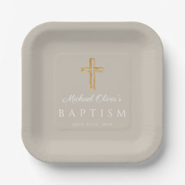 Plato De Papel Taupe Script Religioso Cross Boy Baptism