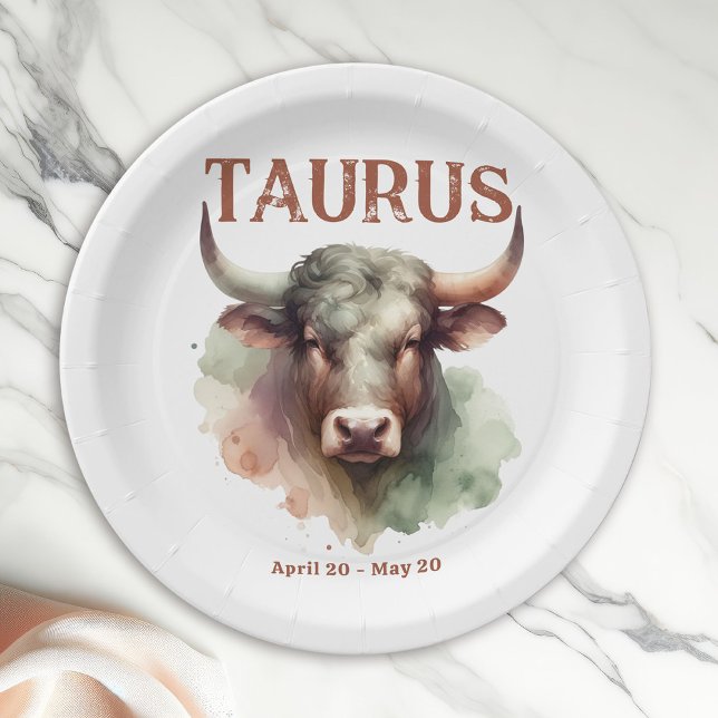 Plato De Papel Taurus Bull Zodiac Fiesta de cumpleaños temática (Coordinate Your Taurus Zodiac-Themed Party with Extras Like These Paper Plates!)