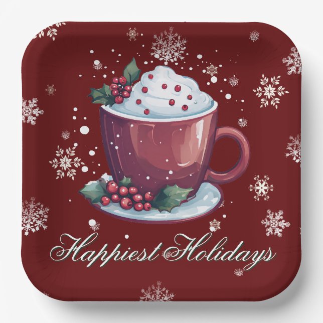 Plato De Papel Taza de Chocolate Caliente de Navidad | Rojo (Anverso)