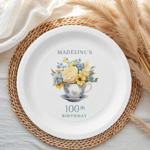 Plato De Papel Taza de té Amarillo Flores Azules Cumpleaños 100
