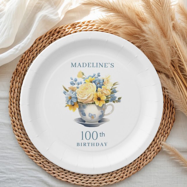 Plato De Papel Taza de té Amarillo Flores Azules Cumpleaños 100 (Blue teacup and yellow floral 100th birthday party paper plate)