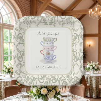 Plato De Papel Taza de té vintage con cinta verde salvia para bod