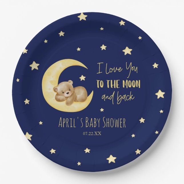 Plato De Papel Te Amo Al Baby Shower De La Luna Teddy Bear (Anverso)