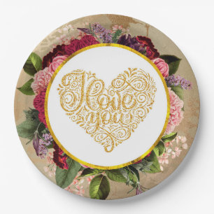 Plato De Papel Te Amo Fancy Golden Ornate Heart