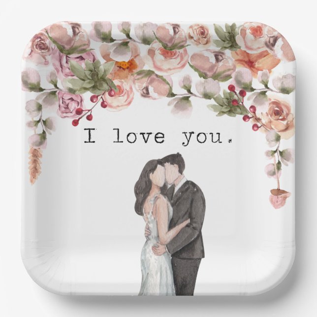 Plato De Papel Te amo fiesta de boda acuarela floral elegante (Anverso)