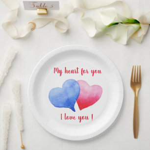 Plato De Papel Te amo la acuarela del corazón rojo y azul