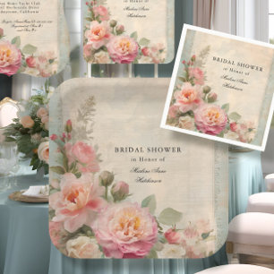 Plato De Papel Té de ducha marrón vintage floral elegante francés