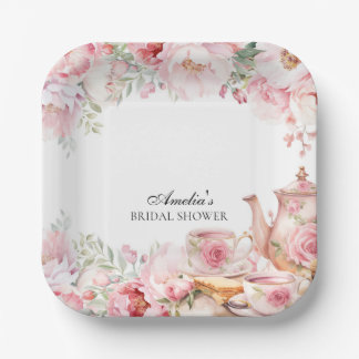 Plato De Papel Té de fiesta de cumpleaños floral rosa sonrojado