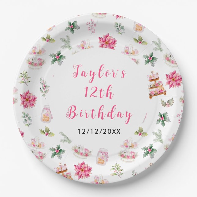 Plato De Papel Té de Navidad de Cumpleaños Fiesta Rosa (Anverso)