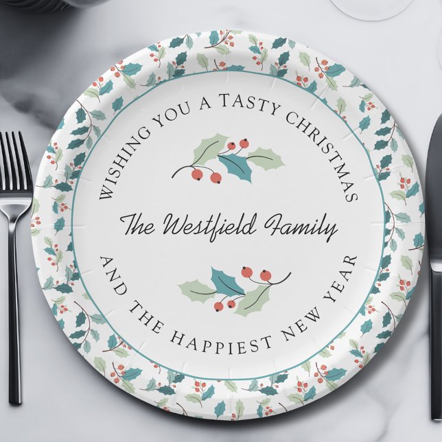 Plato De Papel Te deseamos un Navidad delicioso Holly Berries (Wishing You a Tasty Christmas Holly and Red Berries Round Paper Plate)