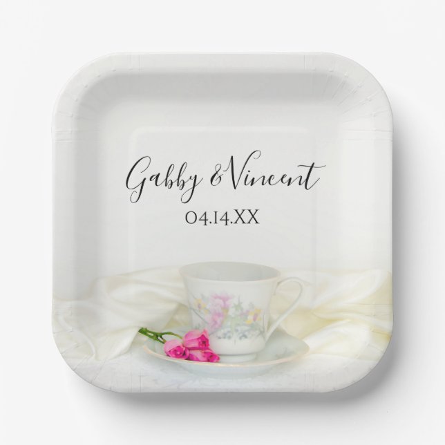 Plato De Papel Té floral y Boda de rosas rosadas (Anverso)