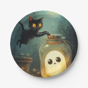 Plato De Papel Te tengo - Gato de Halloween y Fantasma