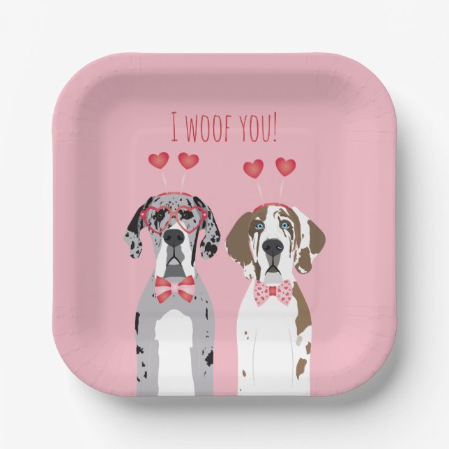 Plato De Papel Te Woof Great Dane Dogs Pink Red (Anverso)