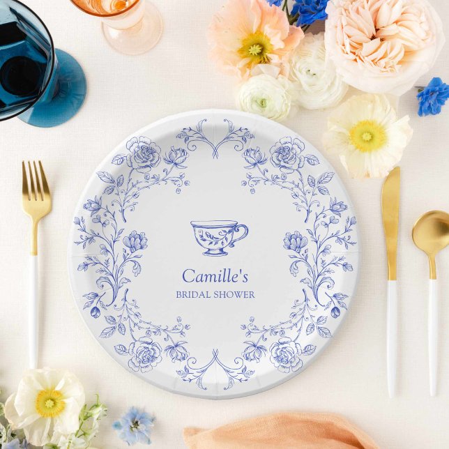 Plato De Papel Tea Fiesta Blue Floral Bridal Shower (Blue Tea Party Bridal Shower Paper Plates)