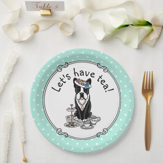 Plato De Papel Tea Fiesta Boston Terrier Dog (negro) lindo (Boda)
