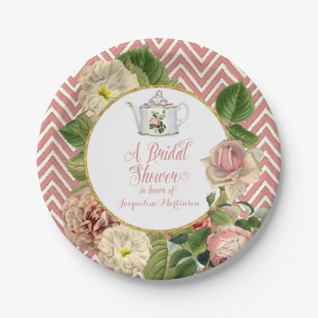 Plato De Papel Tea Fiesta Bridal Shower Chevron Stripes Rosa (Anverso)