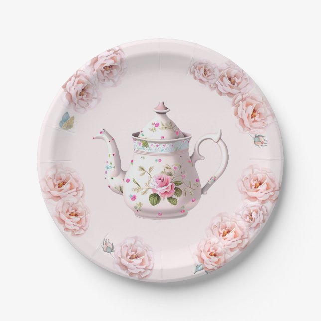 Plato De Papel Tea Fiesta Teapot Teacups Flor rosa (Anverso)