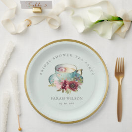 Plato De Papel Teacup floral de oro verde azulado ducha de novia