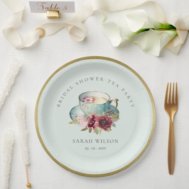 Plato De Papel Teacup floral de oro verde azulado ducha de novia  (Boda)