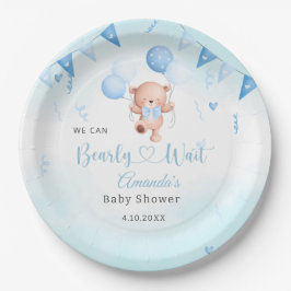 Plato De Papel Teady Baby Bear acuarela Boho Blue Balloons