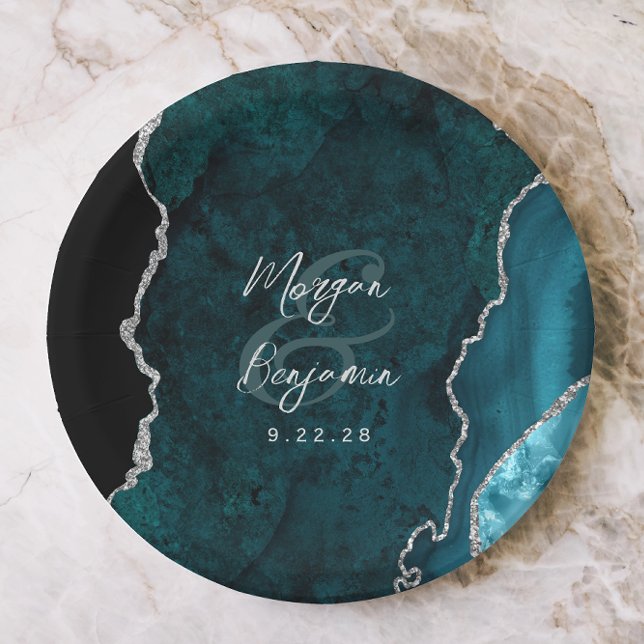 Plato De Papel Teal Blue Agate Silver Script Wedding (Subido por el creador)