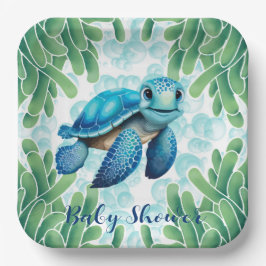 Plato De Papel Teal Blue Sea Turtle Boy Baby Shower