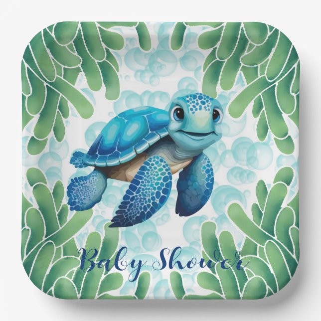 Plato De Papel Teal Blue Sea Turtle Boy Baby Shower (Anverso)