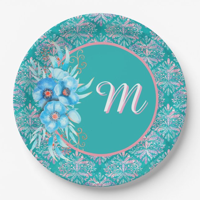 Plato de papel teal con monograma (Anverso)