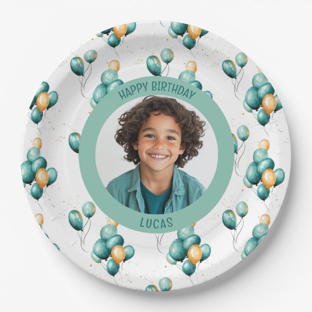 Plato De Papel Teal Faux Gold Balloons Photo (Anverso)